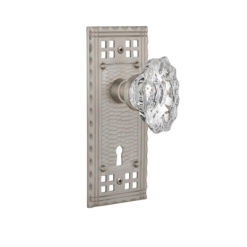 Nostalgic Warehouse CRACHA Complete Mortise Lockset Craftsman Plate with Chateau Knob in Satin Nickel
